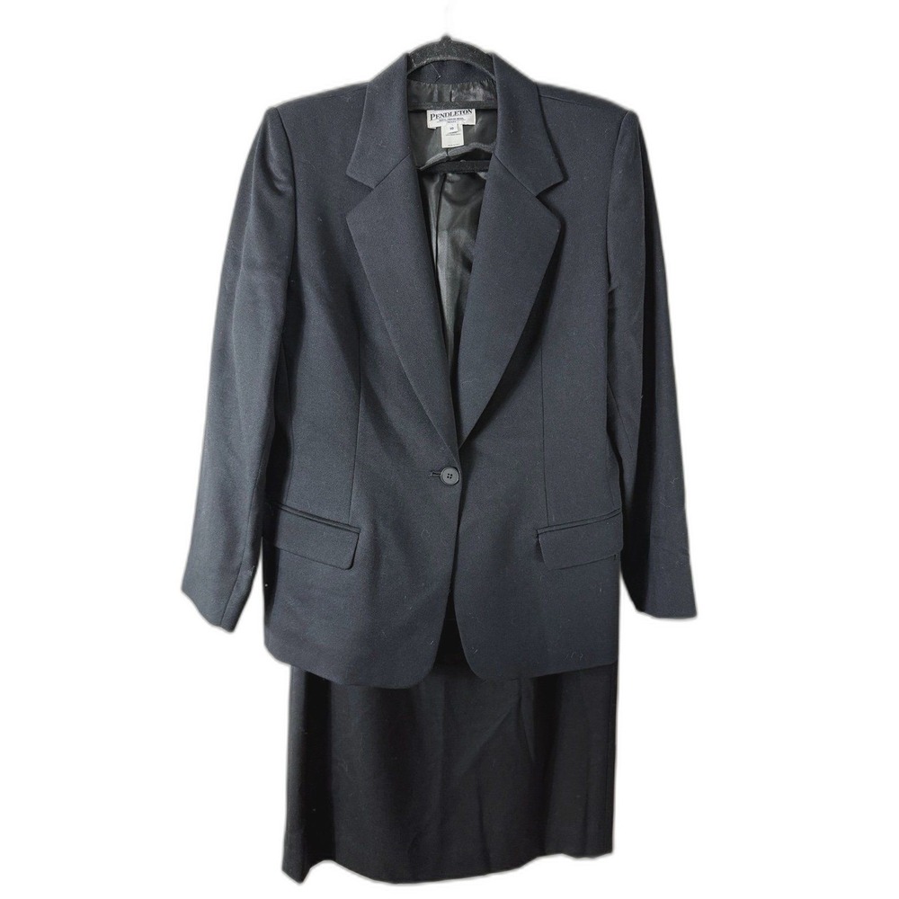 Pendleton Black 100% Virgin Wool Skirt Suit Set Blazer Pencil Skirt 10P USA‎